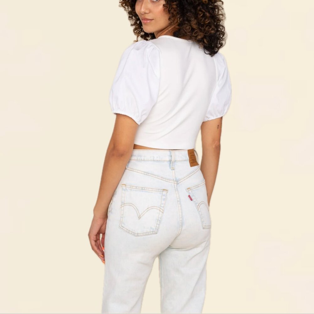 (NWOT) NLT Cotton-Poplin Puff Sleeve V-Neck Crossover Cropped Blouse (White) - Picture 5 of 14